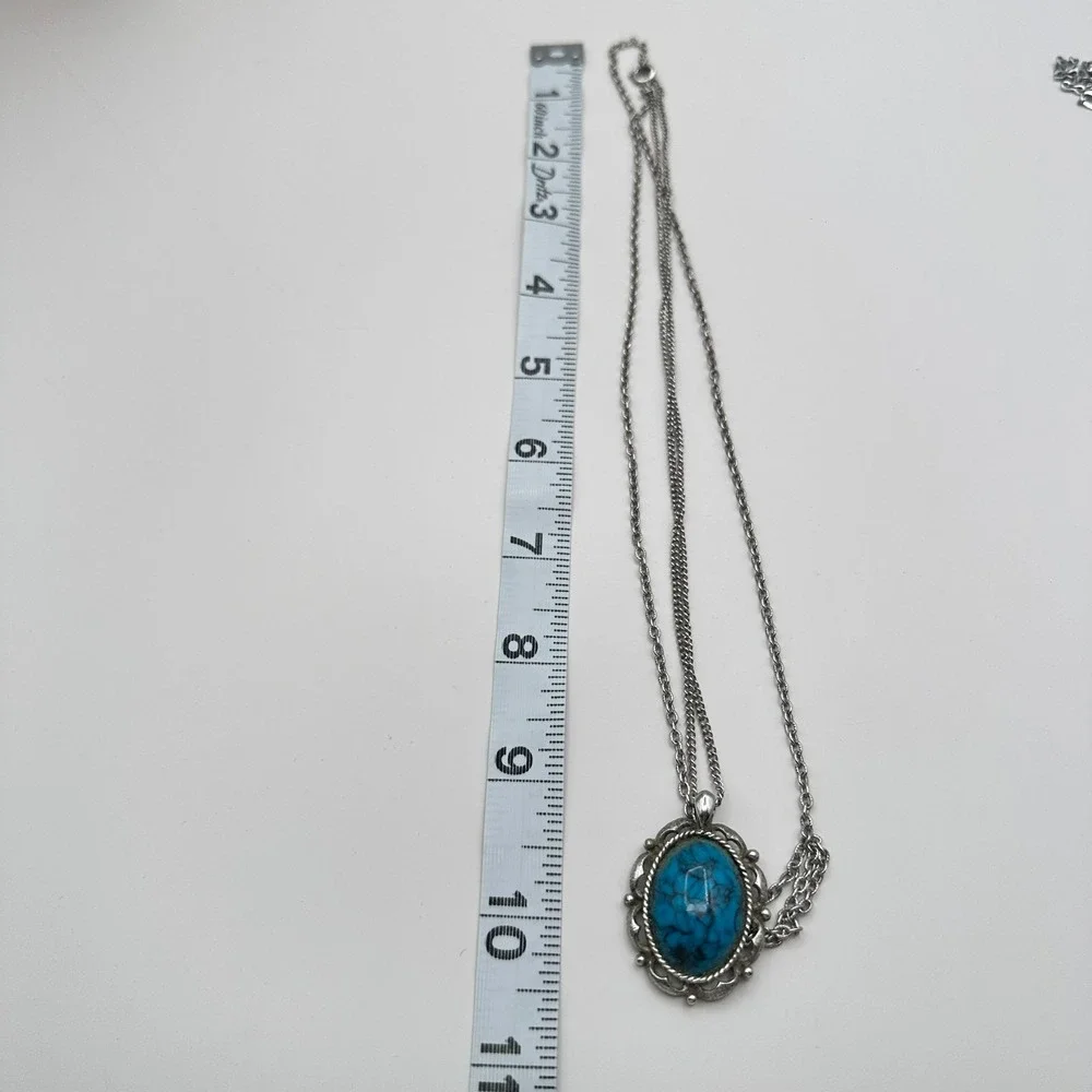 Vintage 90s Silver Tone Turquoise Matrix Filigree Pendant Necklace
